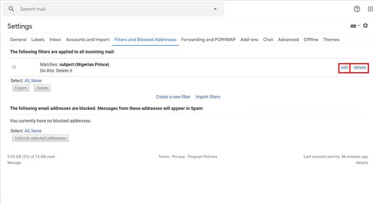 Gmail filters: edit and delete