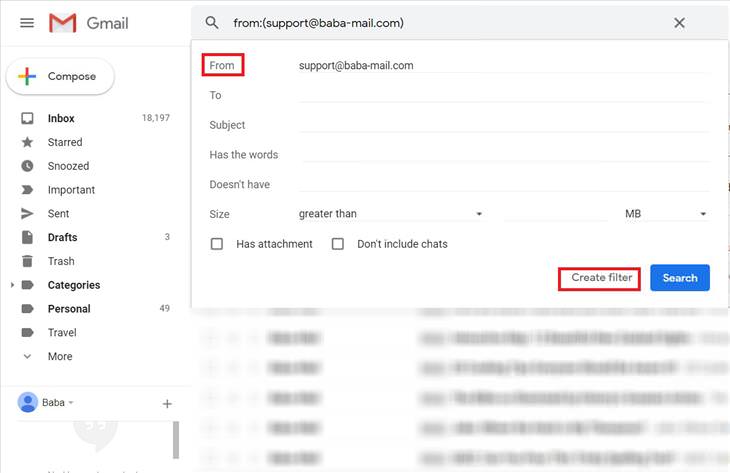 Gmail filters: from address