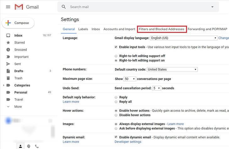 Gmail filters: filters and blocked addresses