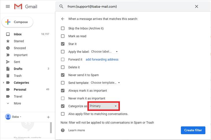 Gmail filters: primary