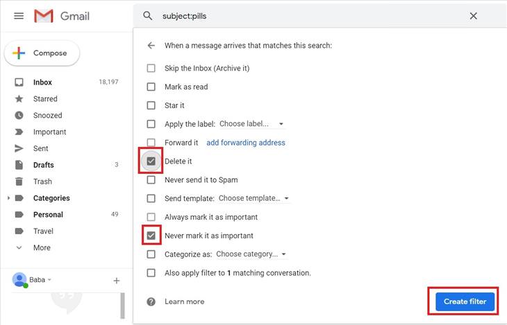 Gmail filters: actions