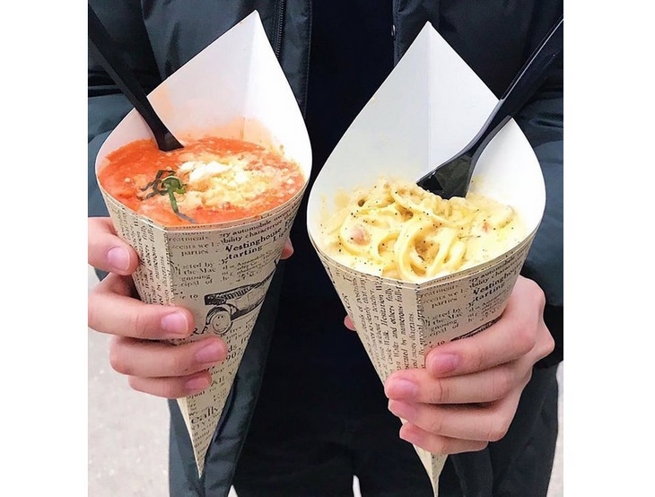 Pretentious food presentations: pasta paper cones