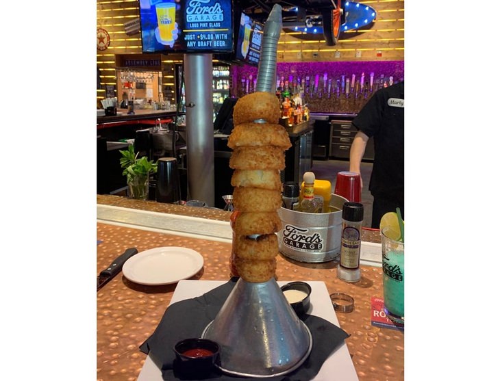 Pretentious food presentations: onion rings on funnel