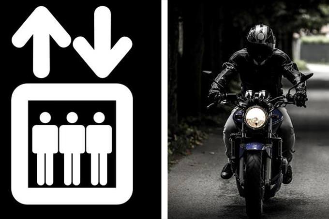 Trivia: man on motorcycle and symbol of elevator