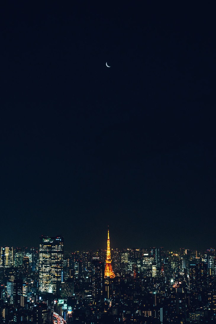 Tokyo Tower and the Crescent Moon Reflected in Glass, Tokyo