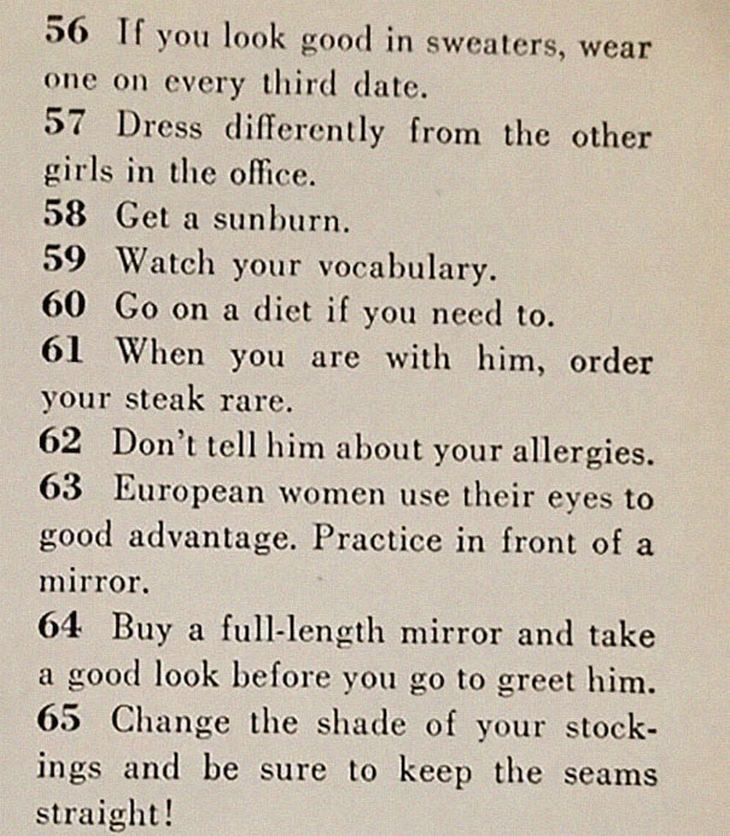 An article from 1958 listing 129 ways to find a husband