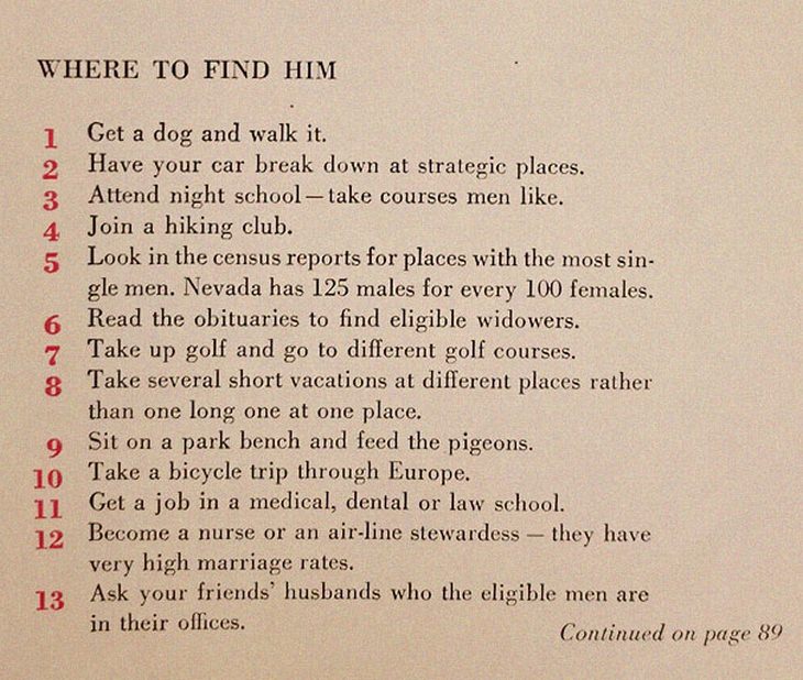 An article from 1958 listing 129 ways to find a husband