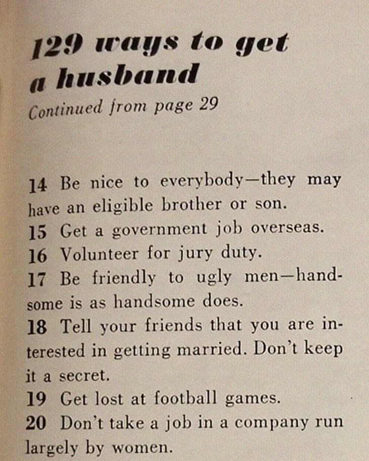 An article from 1958 listing 129 ways to find a husband