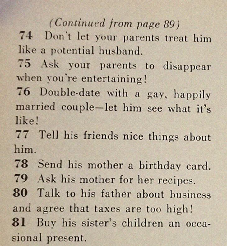 An article from 1958 listing 129 ways to find a husband