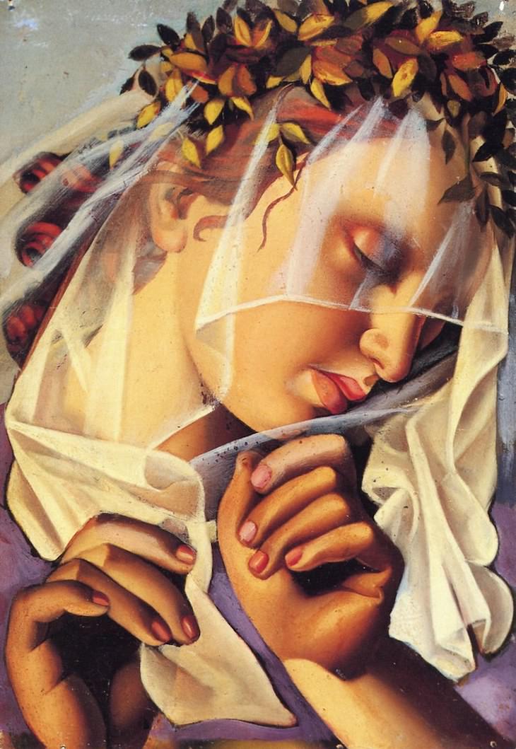  Artist profile of Tamara de Lempicka, woman with a garland of flowers