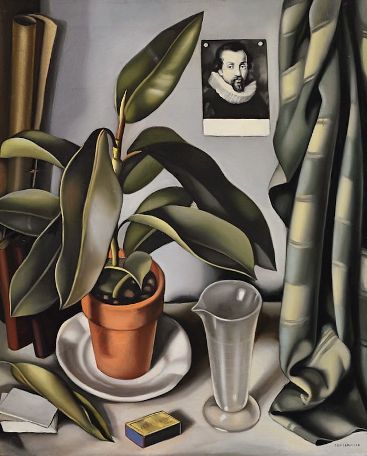  Artist profile of Tamara de Lempicka, fleshy plant and vial 1941