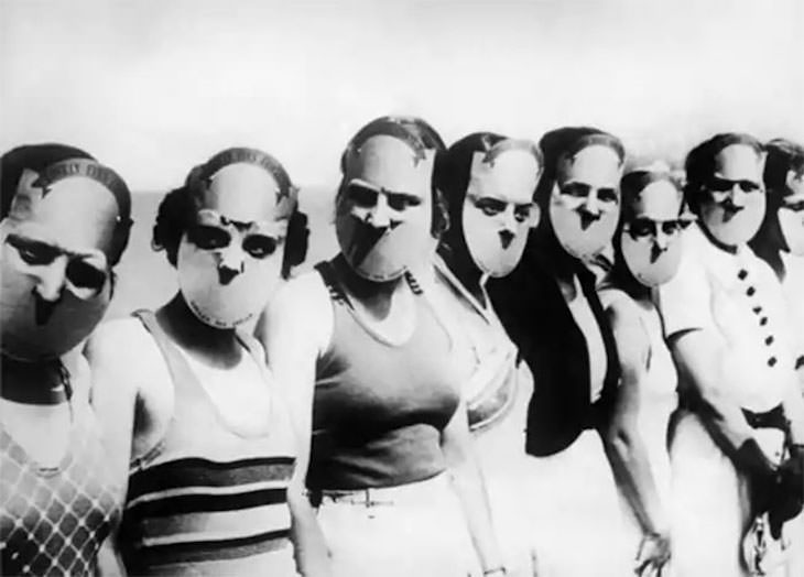 Past Beauty Practices That Seem Strange Today, Contestants in the Miss Lovely Eyes peagant in Florida wearing masks to obscure the rest of thier faces, 1930