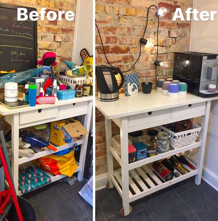 Before and After Decluttering Pics, tea and coffee station