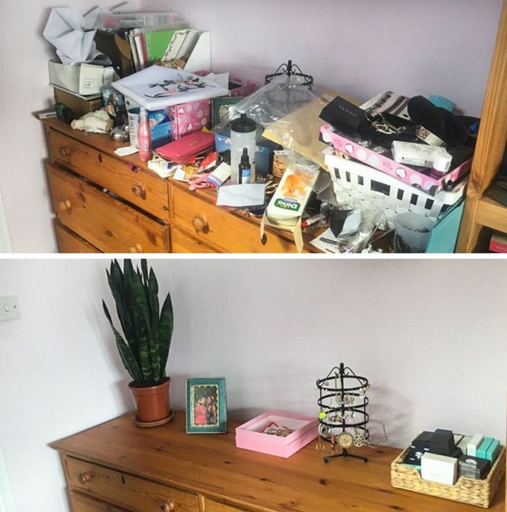 Before and After Decluttering Pics, messy shelf 