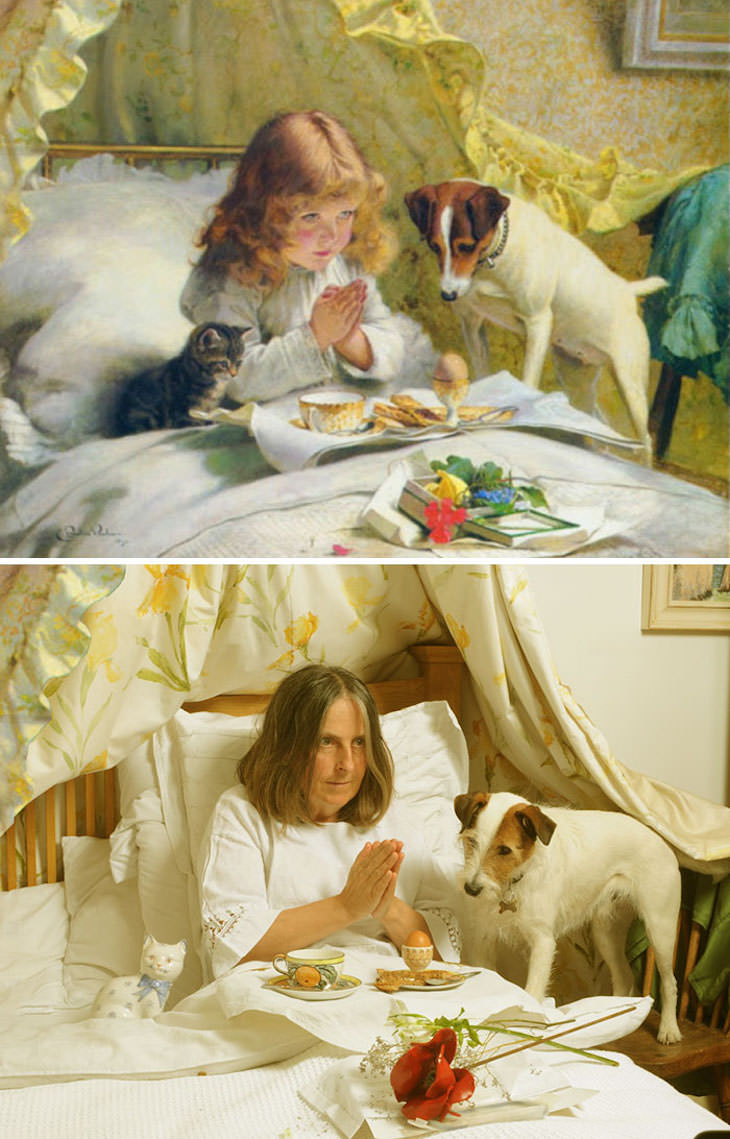 18 Hilarious Recreation of Bad Charity Shop Art, child having breakfast in bed