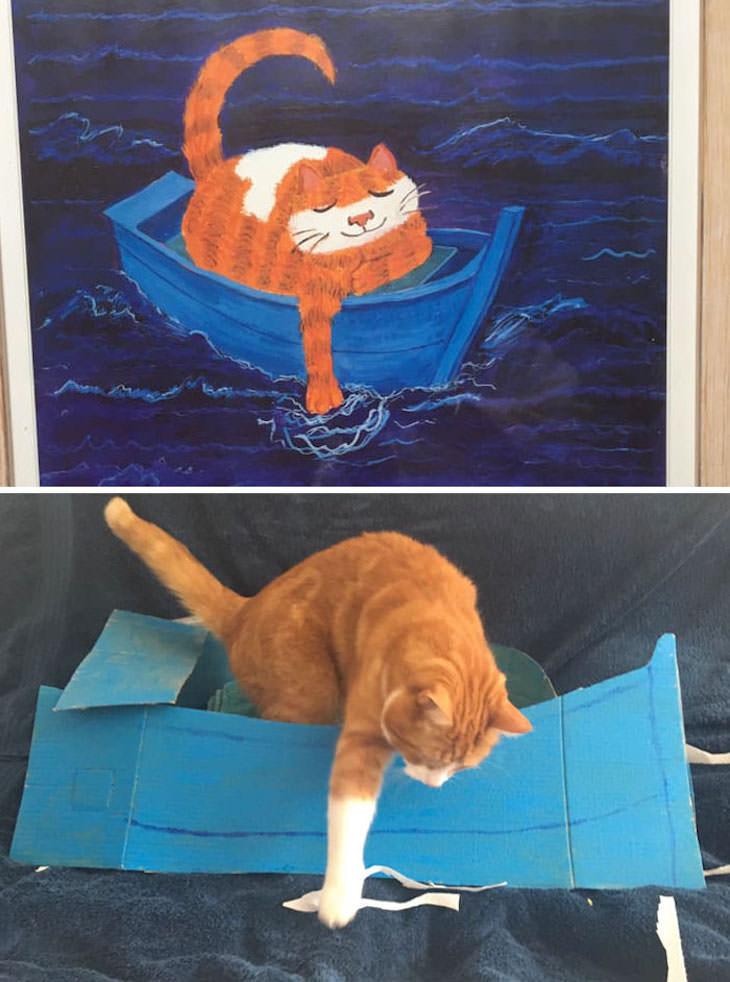 18 Hilarious Recreation of Bad Charity Shop Art, cat in a boat