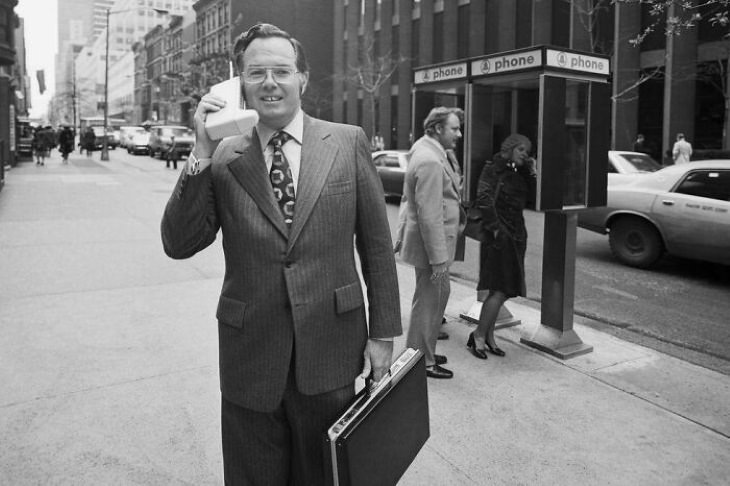 Odd Vintage Tech Inventions"Motorola Vice President John F. Mitchell showing off the DynaTAC portable radio telephone in New York City in 1973"