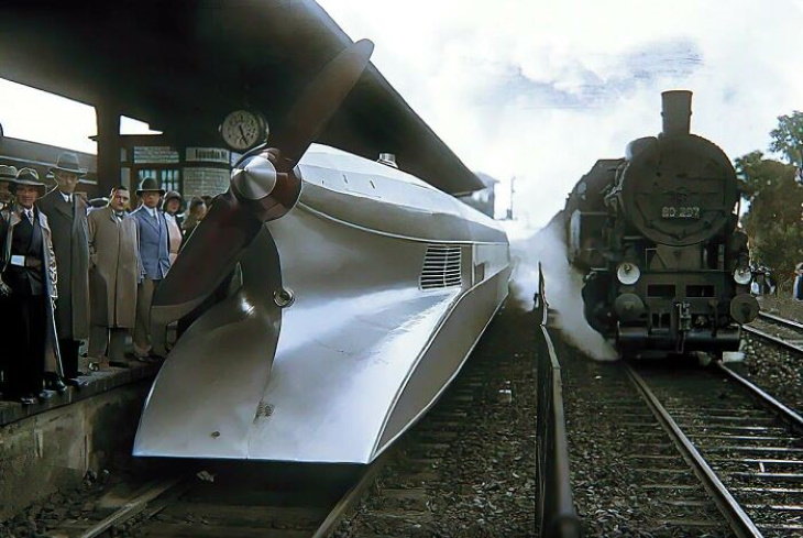 Odd Vintage Tech Inventions A rail zeppelin side by side a steam train in Berlin, Germany (1931)