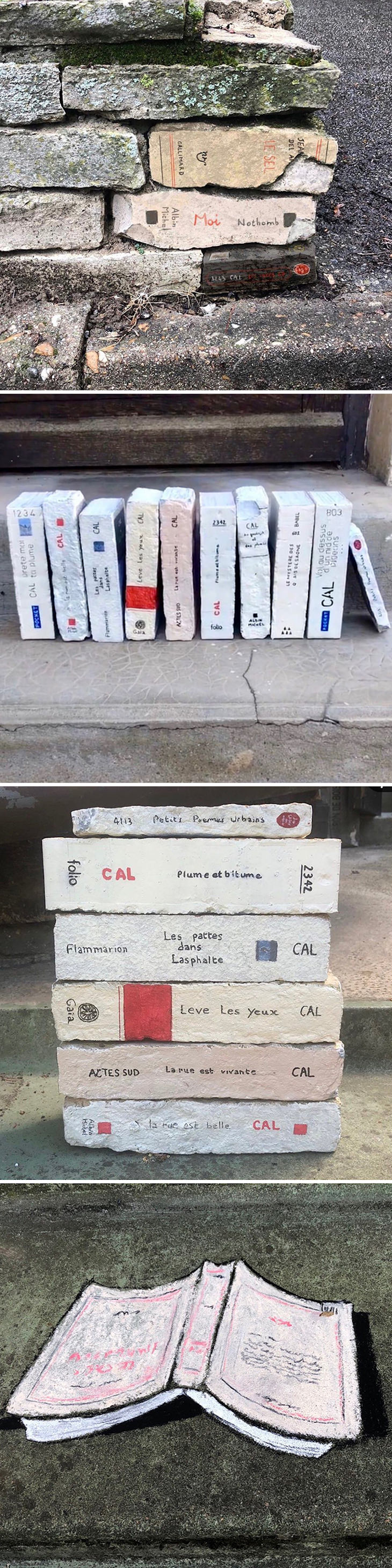 Street Artist CAL Uses Urban Corners Ingeniously, bricks as books