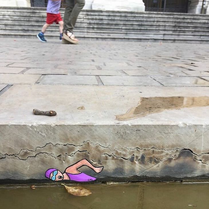 Street Artist CAL Uses Urban Corners Ingeniously, swimmer