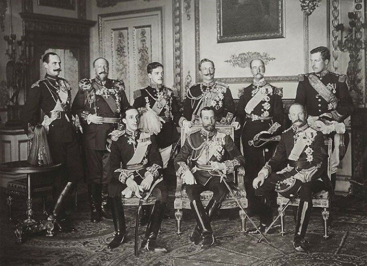 Historical Photos The Nine Sovereigns at Windsor for the funeral of King Edward VII. Standing, from left to right: King Haakon VII of Norway, Tsar Ferdinand of Bulgaria, King Manuel II of Portugal, Kaiser Wilhelm II of the German Empire, King George I of Greece and King Albert I of Belgium. Seated, from left to right: King Alfonso XIII of Spain, King-Emperor George V of the United Kingdom and King Frederick VIII of Denmark.