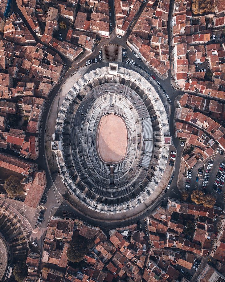 15 Stunning Aerial Shots of UNESCO Heritage Sites, Arles Amphitheater, France