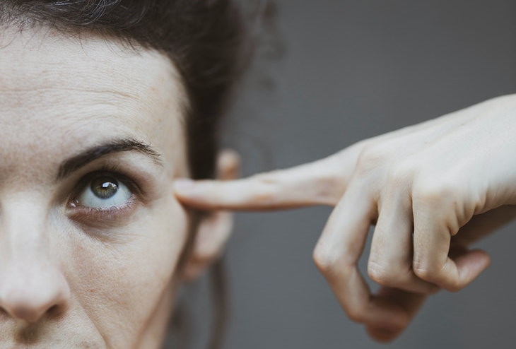 Eye Yoga woman pointing with finger on eyes