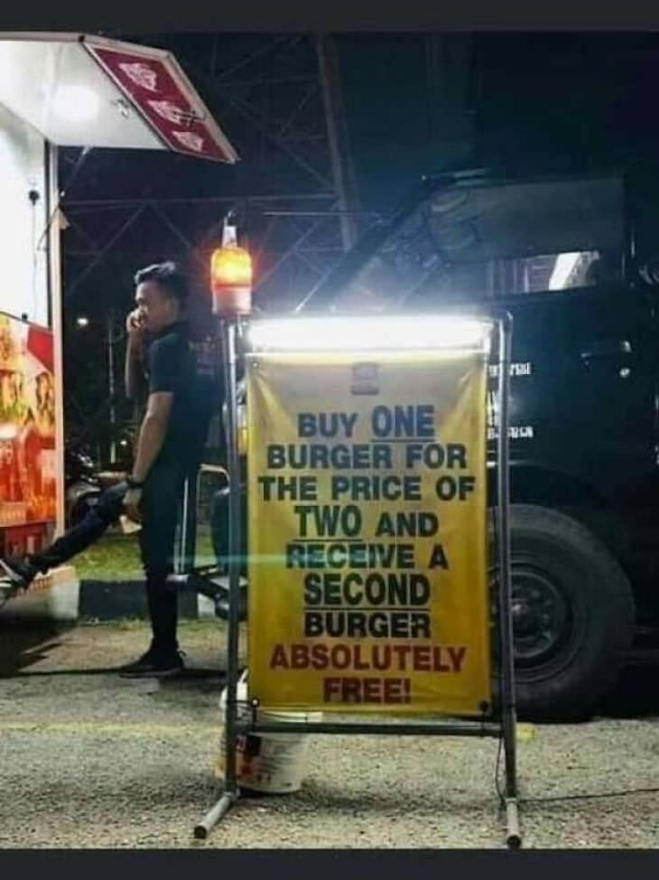 Funny signs, burger deal