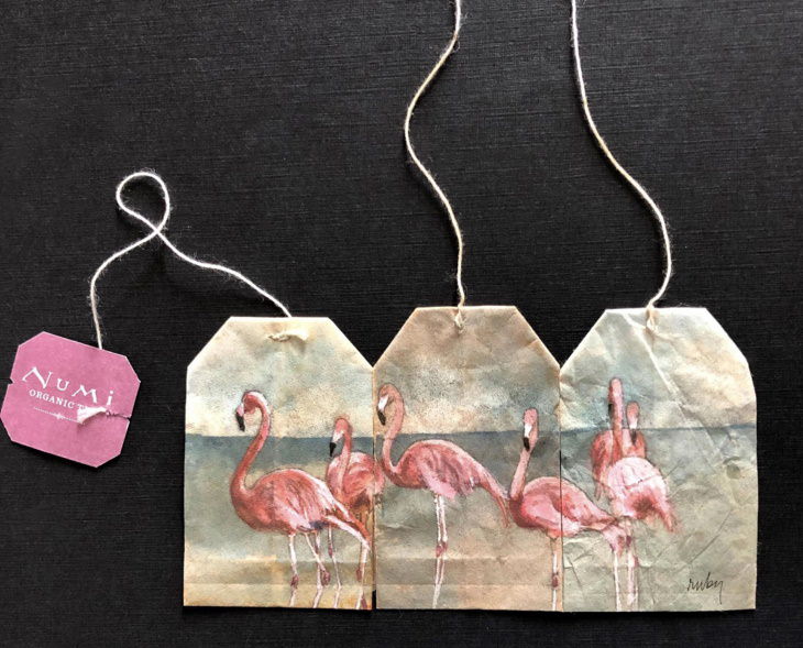Teabag Art by Ruby Silvious, flamingos
