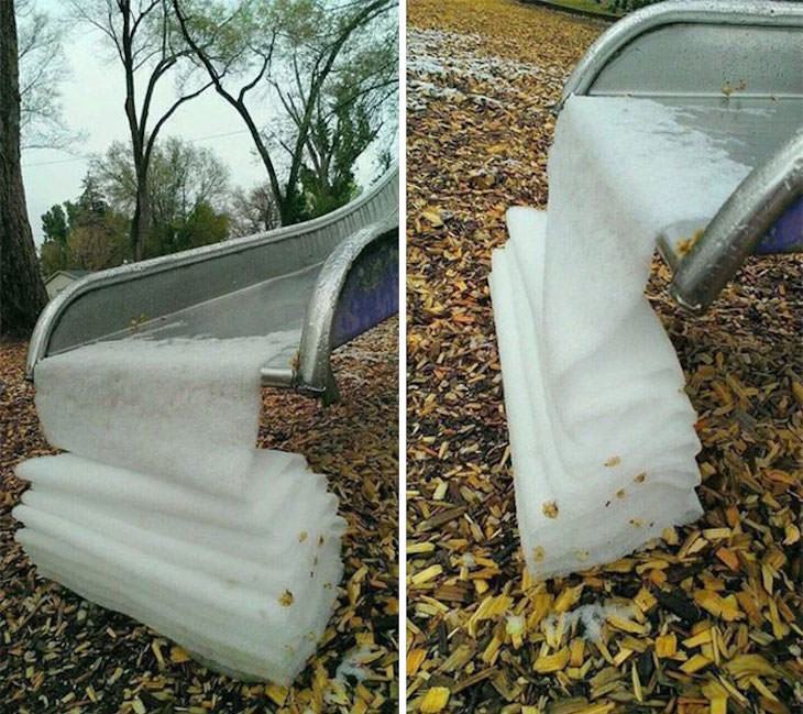 Stunning Accidental Snow Sculptures, The ice neatly folded itself at the bottom of the slide