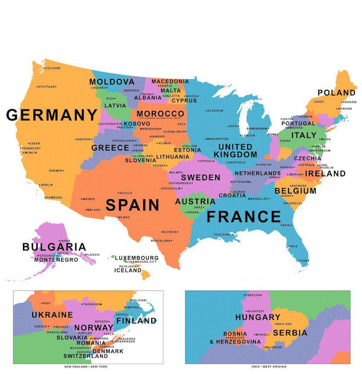 10 Informative and Fun Maps of the United States, Europe comparison