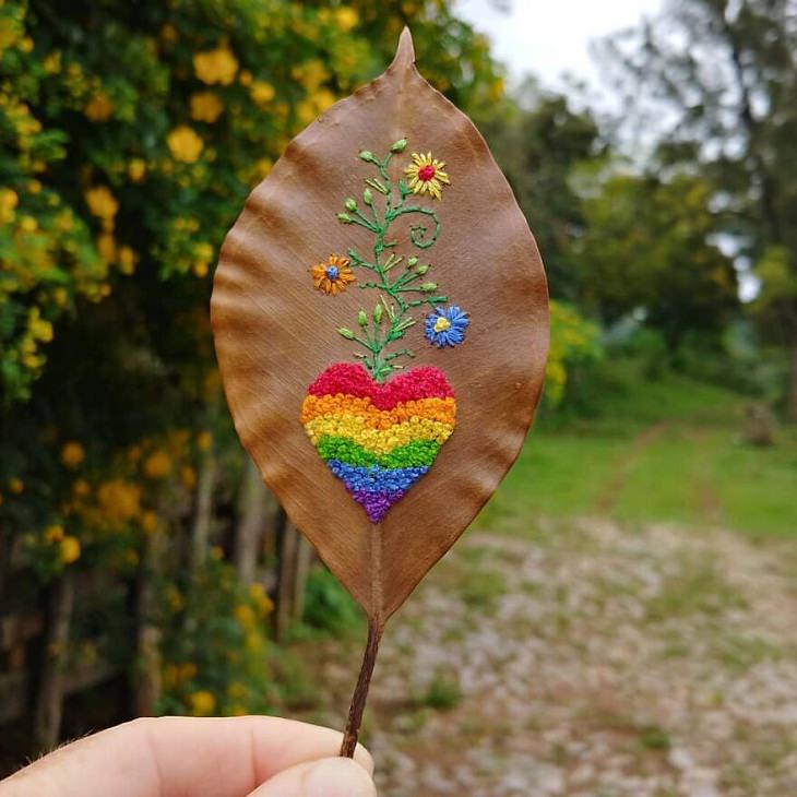 Colorful Embroideries on Dead Leaves, park flowers 