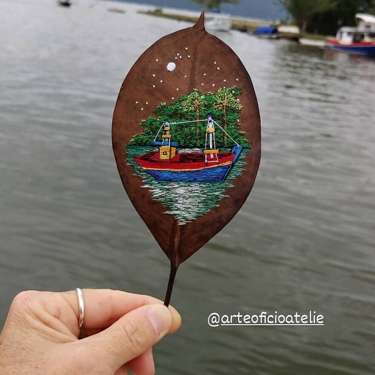 Colorful Embroideries on Dead Leaves, boat