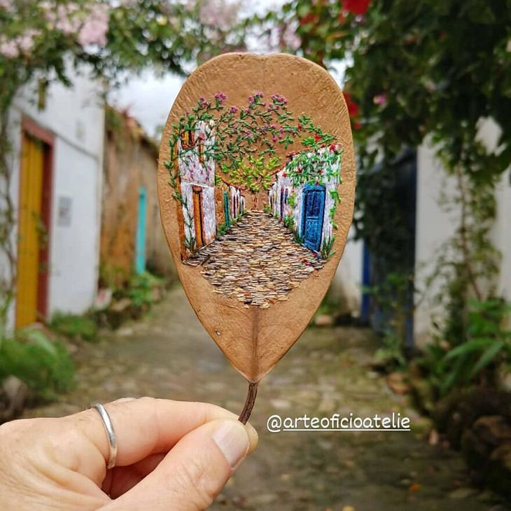 Colorful Embroideries on Dead Leaves, cottages