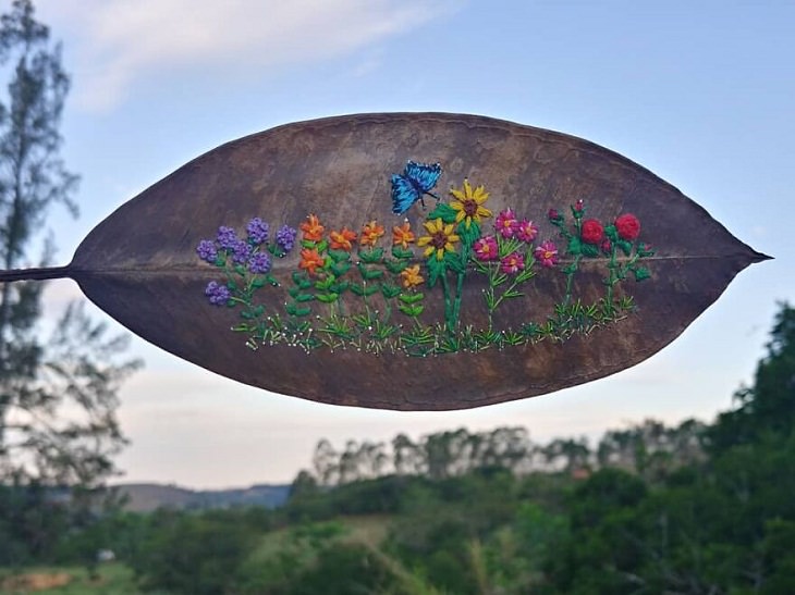 Colorful Embroideries on Dead Leaves, field flowers
