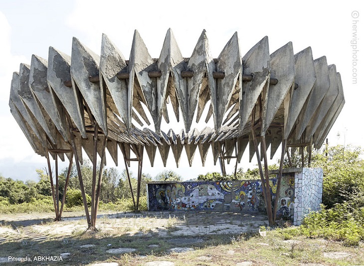 Photographs of bus stops and train stations in former Soviet Union countries with unique architecture and designs