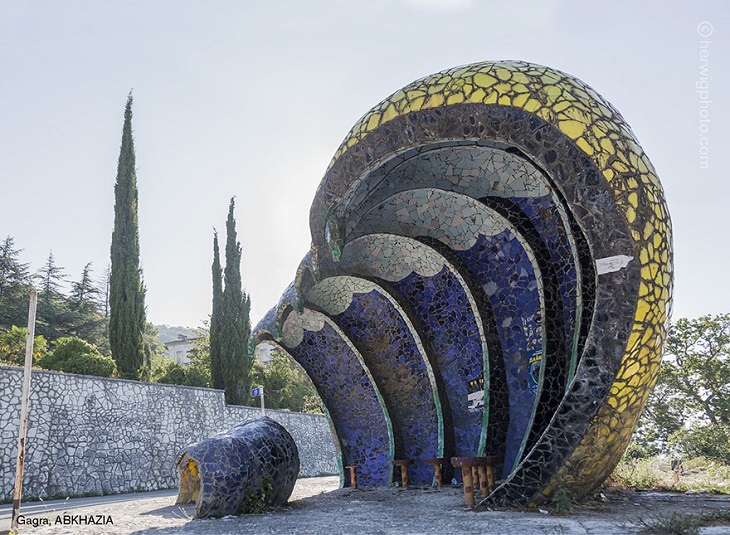 Photographs of bus stops and train stations in former Soviet Union countries with unique architecture and designs