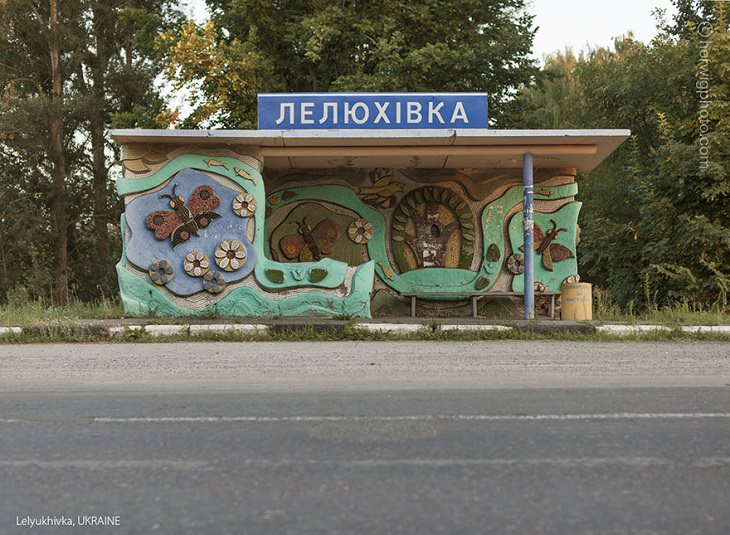 Photographs of bus stops and train stations in former Soviet Union countries with unique architecture and designs