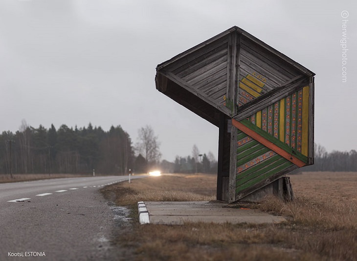 Photographs of bus stops and train stations in former Soviet Union countries with unique architecture and designs