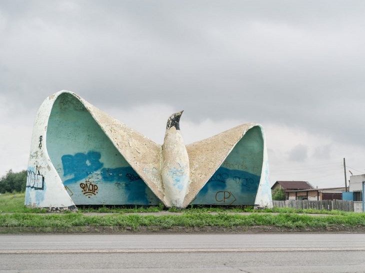 Photographs of bus stops and train stations in former Soviet Union countries with unique architecture and designs