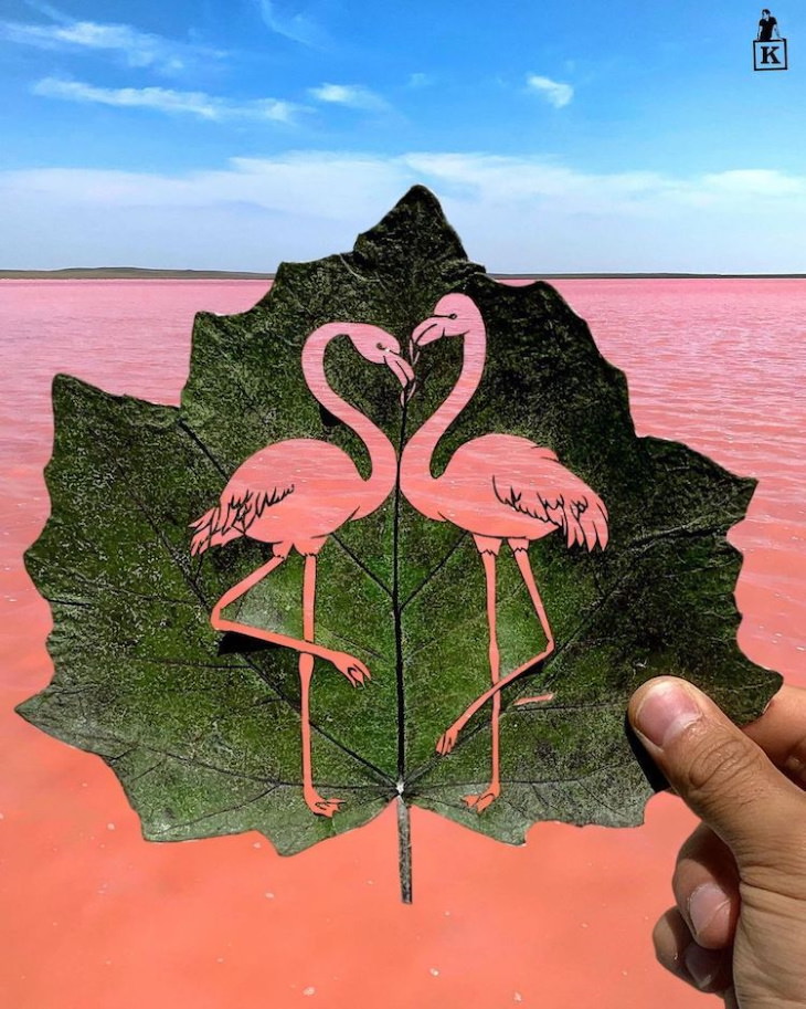 Leaf art by Kanat Nurtazin flamingos