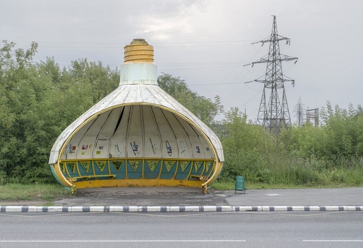 Photographs of bus stops and train stations in former Soviet Union countries with unique architecture and designs