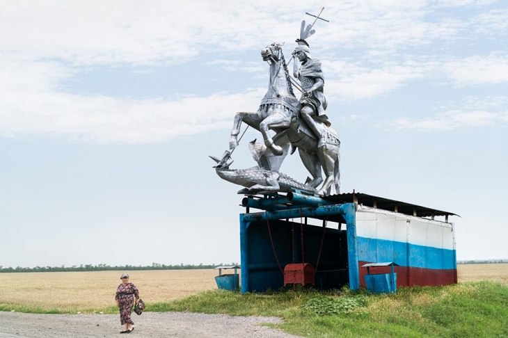 Photographs of bus stops and train stations in former Soviet Union countries with unique architecture and designs
