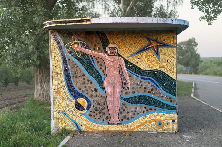 Photographs of bus stops and train stations in former Soviet Union countries with unique architecture and designs