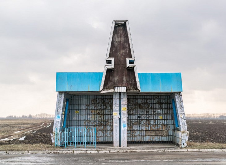 Photographs of bus stops and train stations in former Soviet Union countries with unique architecture and designs