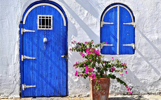 a blue entrance door