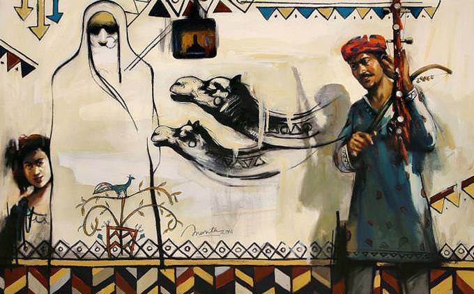 הרבה ציורים שונים של תרבות ערב, הכוללים איש עם כובע מסורתי, אישה בבורקה, ילדה קטנה, גמלים וצורות גיאומטריות