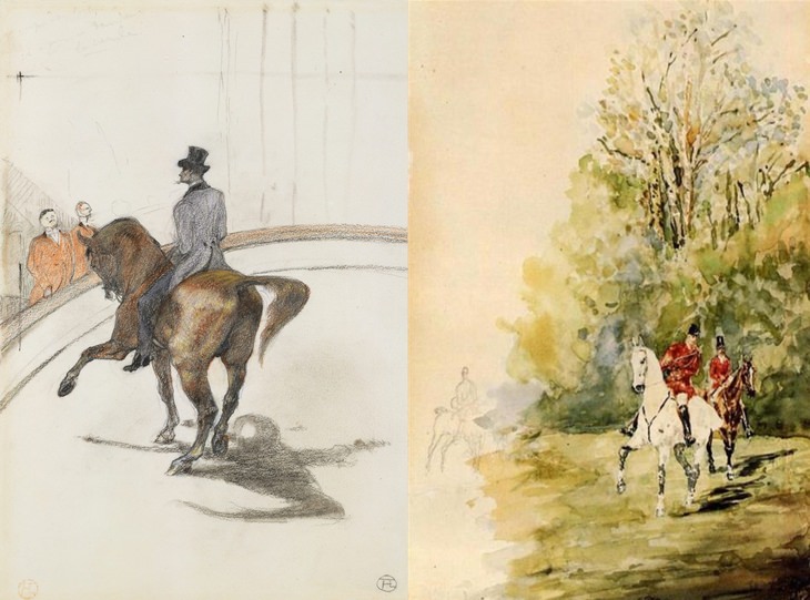 Left:  At the Circus: A Spanish Walk 1899, Right: Hunting 1880