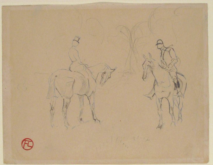A Woman and a Man on Horseback, graphite drawing, 1879