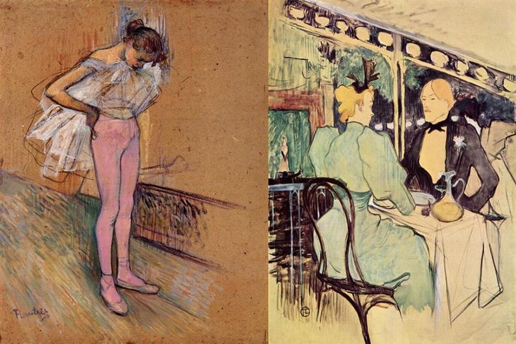 Left: Dancer Adjusting her Tights, oil on board, 1890, Right: The Ambassadors, People Chics 1893